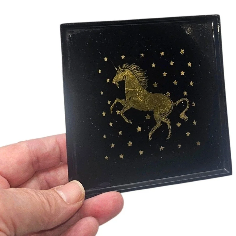 VTG Otagirl Black Gold Unicorn Coaster Set with Holder Stars Celestial 5 Piece
